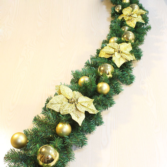 Christmas Garland for Stairs with Golden Flowers | YanDecor